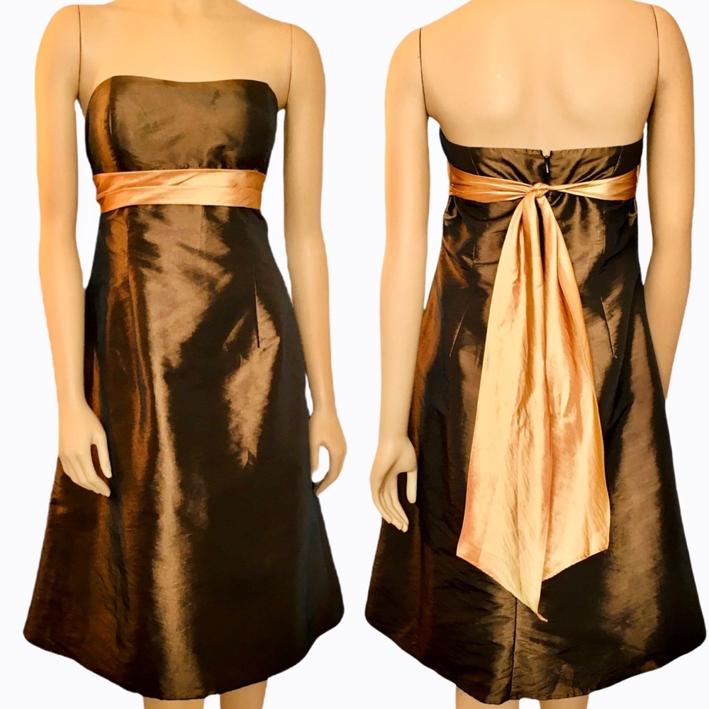 Bill Levkoff Designer Cocoa Brown Formal Short Dress Rose Gold Sash Plus Size 14